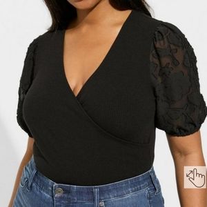 Torrid Black Fitted Super Soft Rib V-Neck Sleeve Surplice Top Shirt